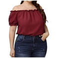 thumbnail image 2 of Pompotops Women's Tops Large Solid Color Short Sleeve Straight Neck Off Shoulder Shirt Tops, 2 of 8