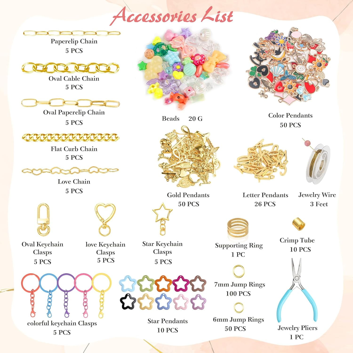 Keychain Making Kit 354 Pcs — Bag Charm Kit with 136 Charms, 25 Extender Chains, 20 Keychain Clips, Beading Accessories ＆ Jewelry Pliers — DIY Crafting and Jewelry Making for Adults