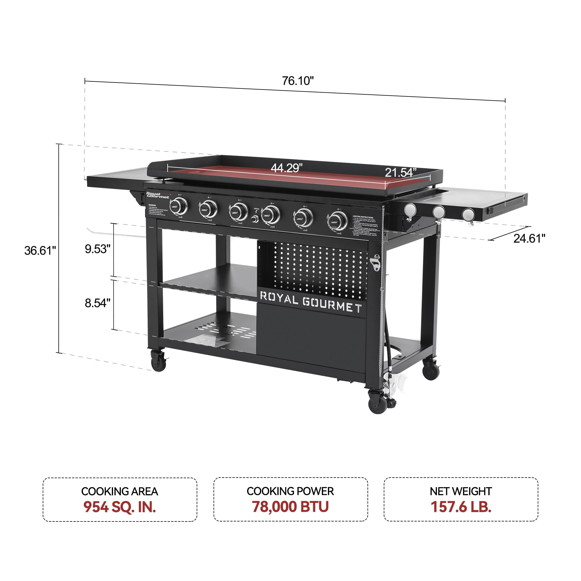 Royal Gourmet  44" 6-Burner Flat Top Gas Grill Griddle, Griddle with Foldable Side Shelves, Front Spice Rack, Double-Layer Bottom Shelves, GB6000
