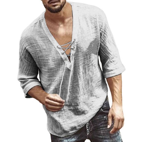 Men's Long Sleeve Cotton Linen Shirts Lace Up Solid Color Mid Sleeve Fashion Casual Shirts Casual Summer Beach T Shirts