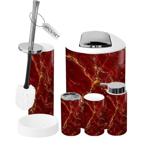 Bathroom Accessory Set 6 Piece Modern red golden maroon Gold marble Golden veins Trash can, Toothbrush Holder, Toothbrush Cup, Soap Dispenser, Soap Dish, Toilet Brush Holder