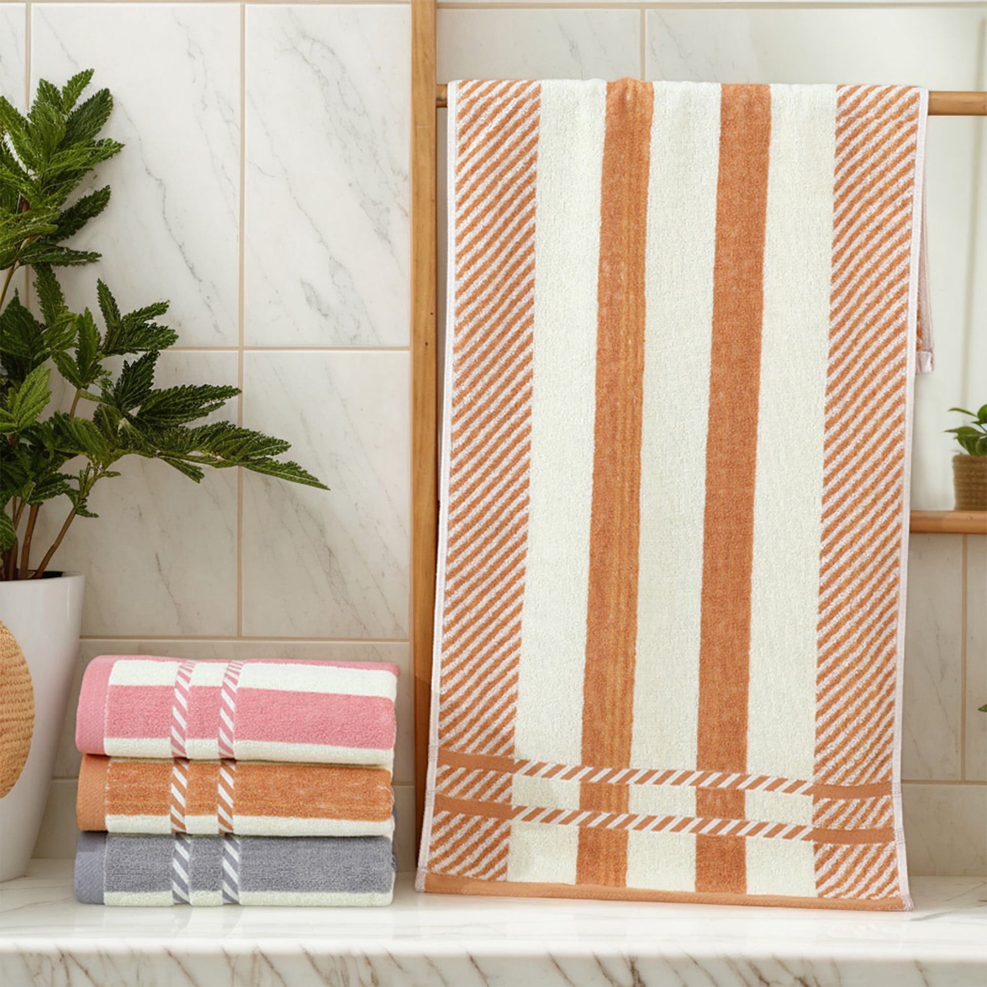 Unique Bargains Striped Decorative Absorbent Soft Bathroom Towel Pink 4 Pcs