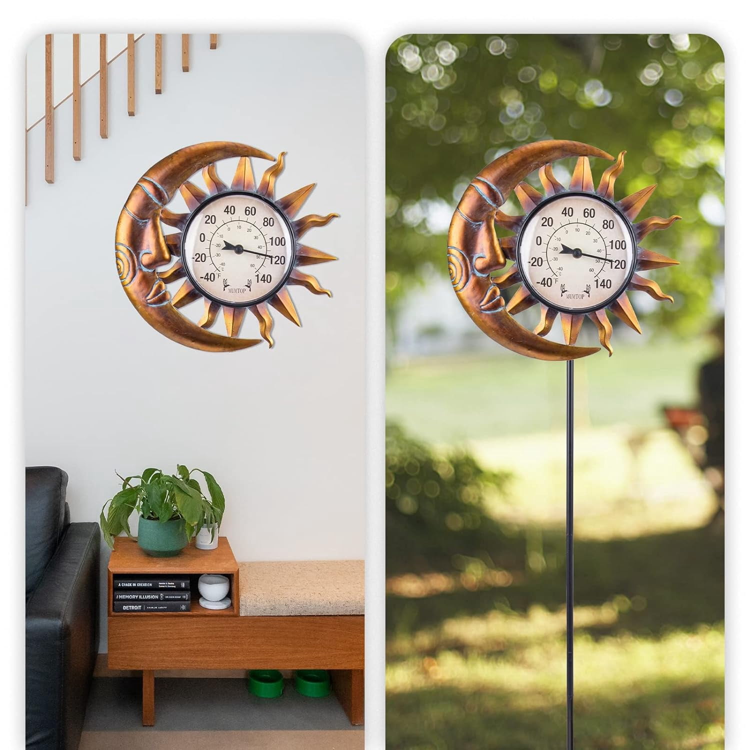 sun and moon outdoor garden thermometer with clock