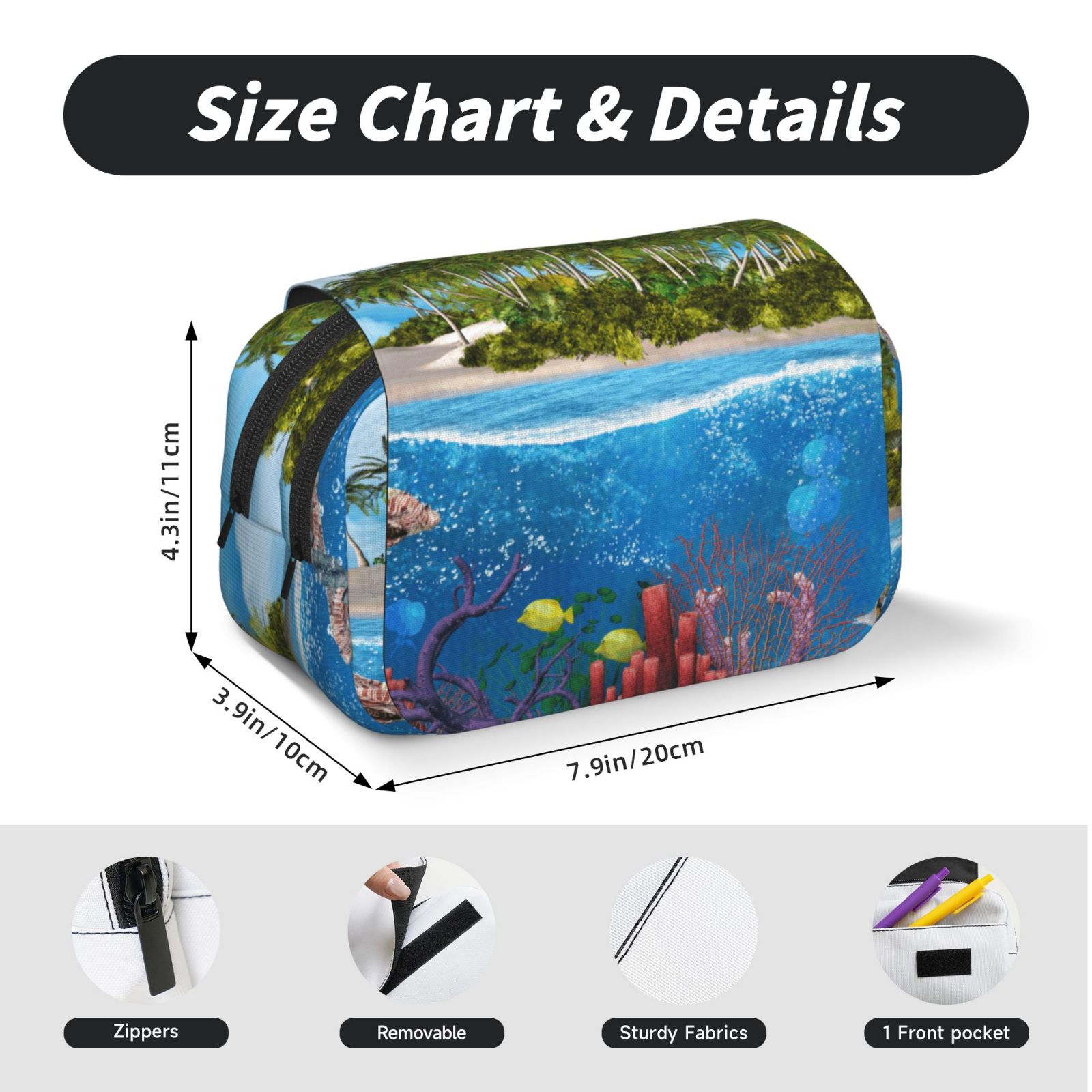 Rateoe Island And Coral Reef Pattern Double Clamshell Pen Case, Storage Organizer with Two Zipper Compartments– Holds Up to 50 Pencils & Pens