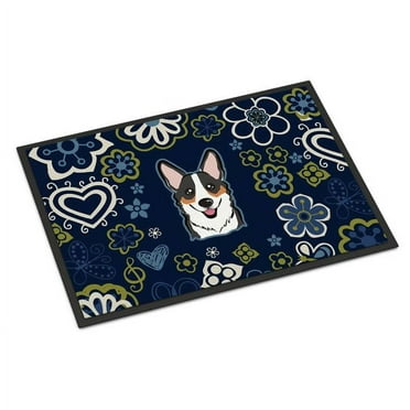 Carolines Treasures BB5106MAT 18 x 27 in. Blue Flowers Tricolor Corgi Indoor or Outdoor Mat