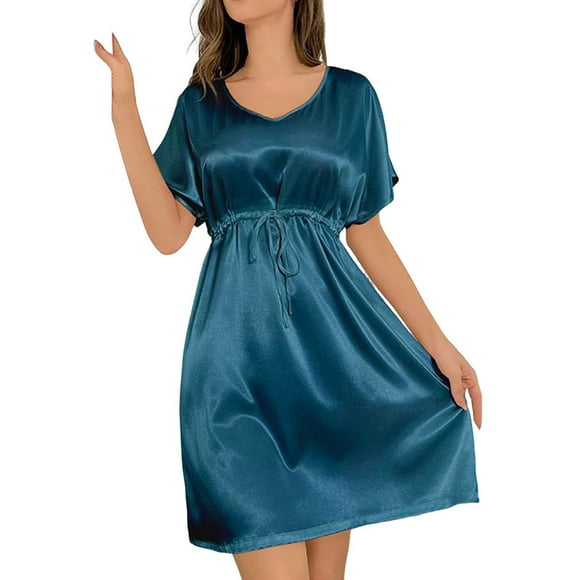 Timegard House Dress for Women V Neck Short Sleeve Sleepdress Drawstring Waist Soft Comfy Nightgowns