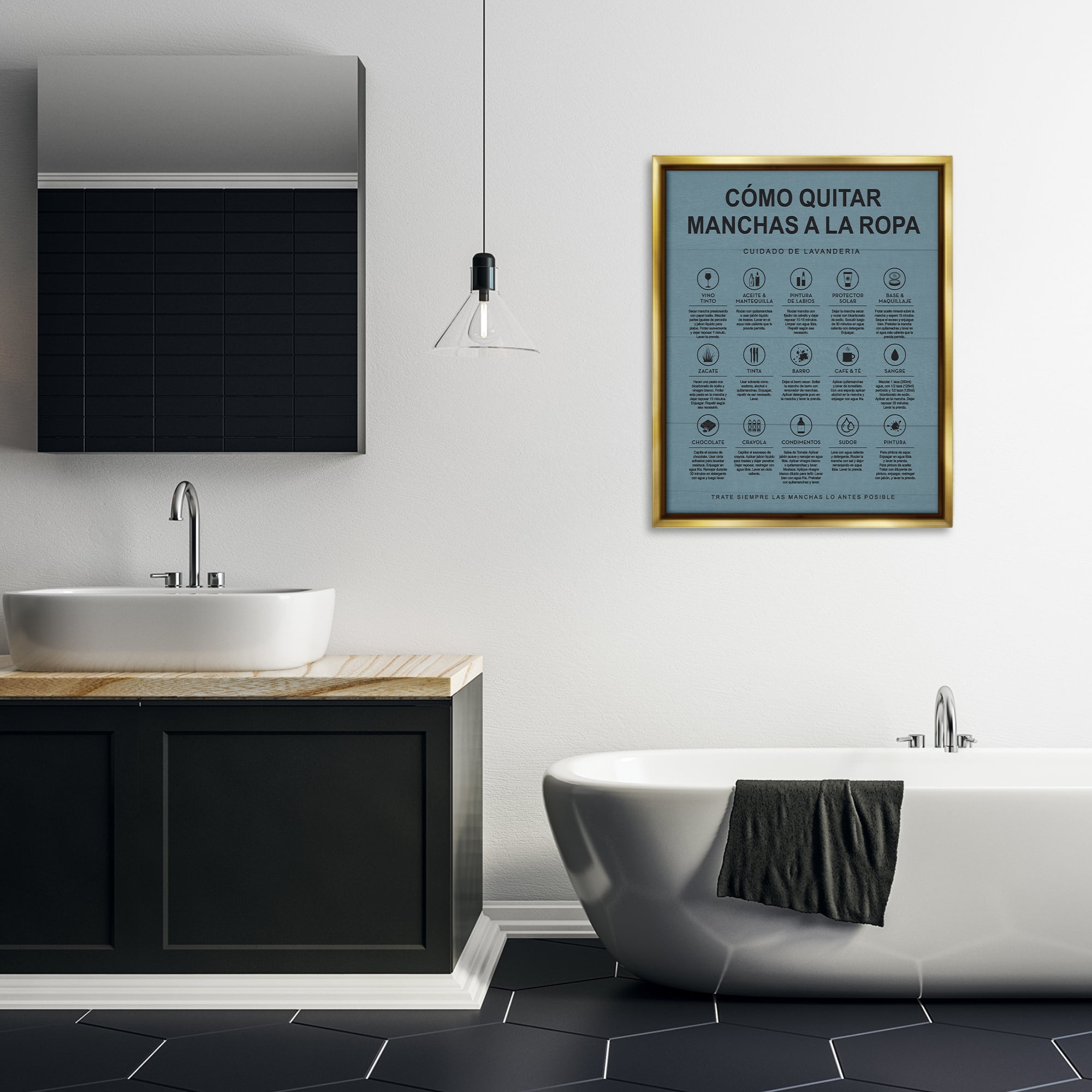 Stupell Industries Guía de Limpieza de Manchas, Azul Bath & Laundry Painting Gold Floater Framed Art Print Wall Art, 25 x 31