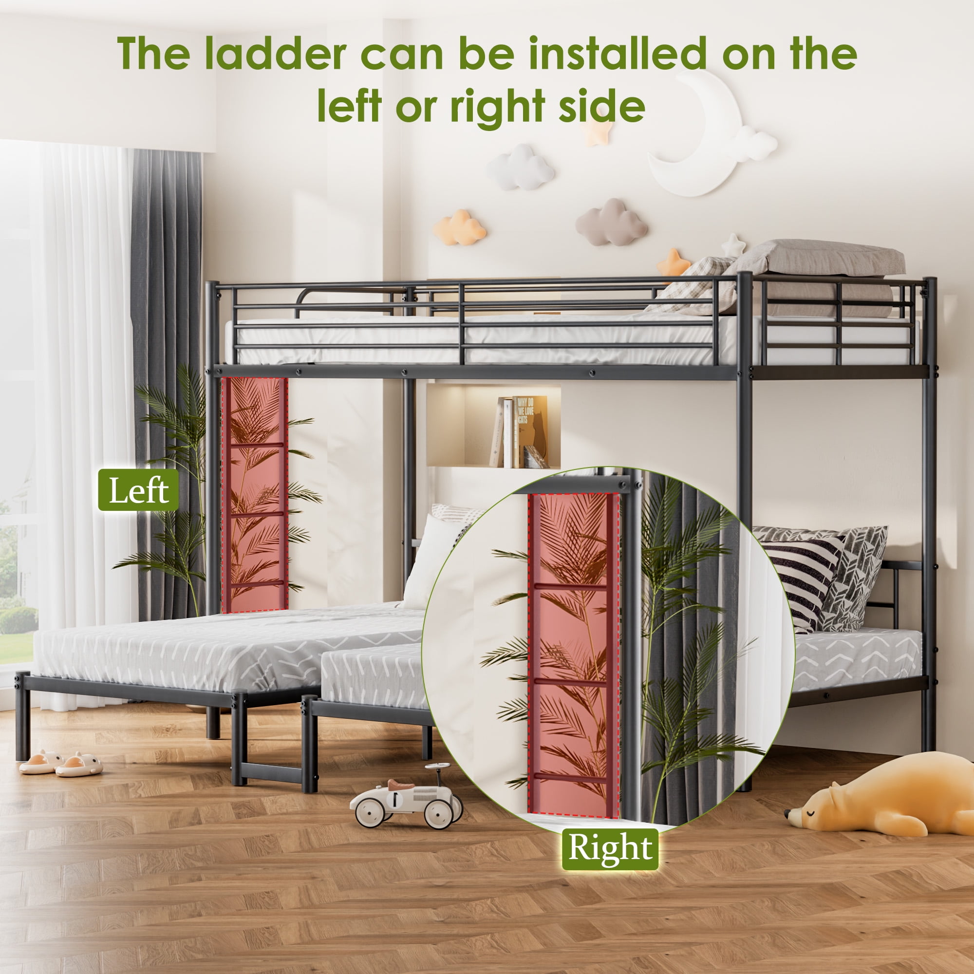 Leumius Metal Triple Bunk Bed Twin XL Over Twin Over Twin,Heavy Duty Triple Bunk Bed Frame for 3 Kids/Teens,Metal Bunk Bed Frame w/Under-bed Storage, No Box Spring Needed,Black