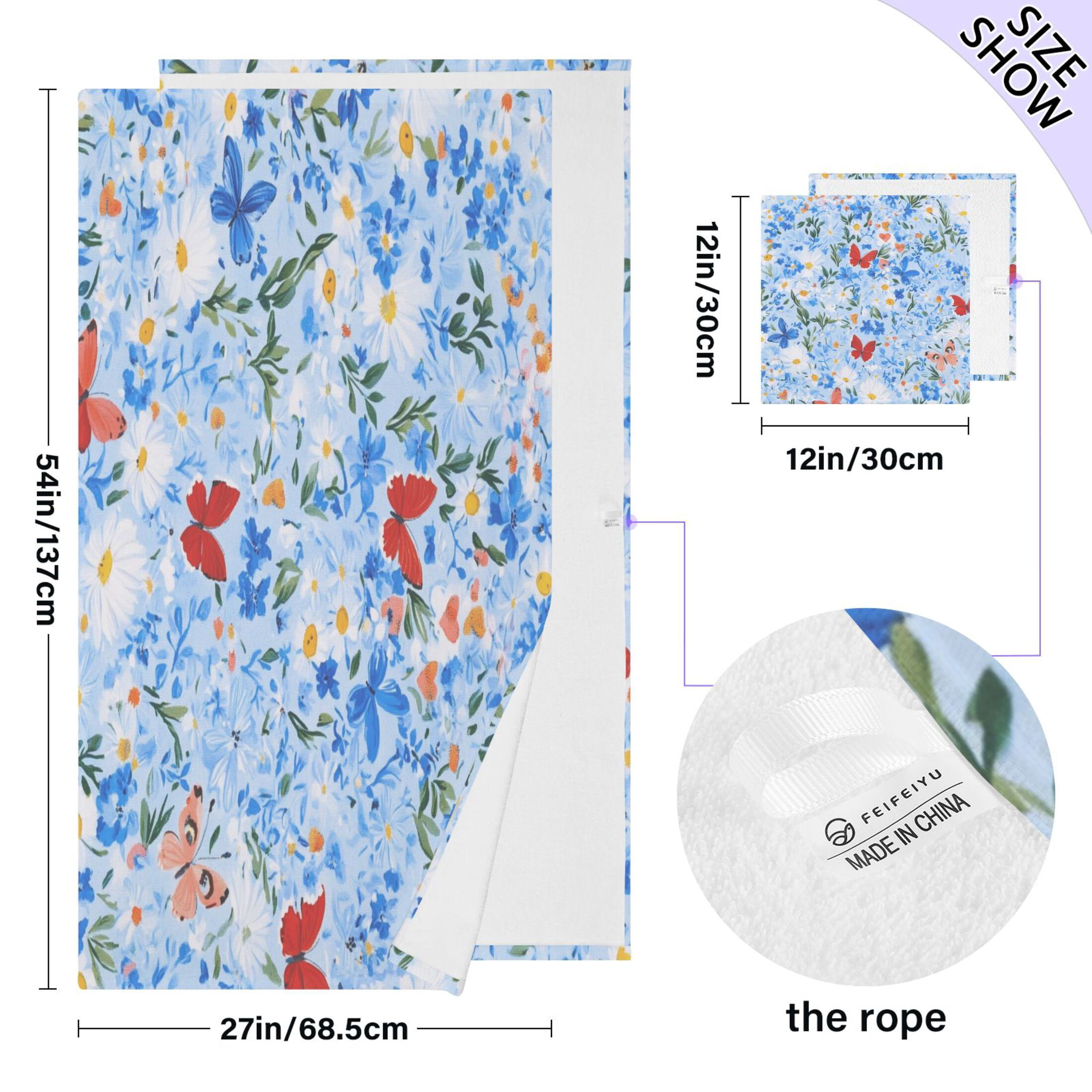 Navy Floral and Butterfly 2 Piece Cotton Bath and Face Towel Set Soft and Absorbent, for Beach Pool Bathroom