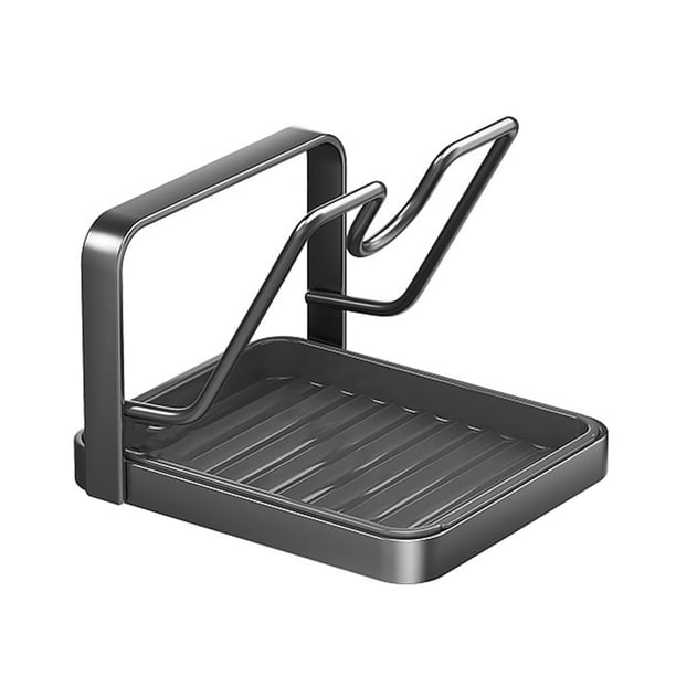 Soporte para tapa de olla con bandeja de drenaje, diseño de ranura en forma de U, organizador de utensilios de cocina de acero al carbono, bandeja de goteo, soporte para tapa de olla