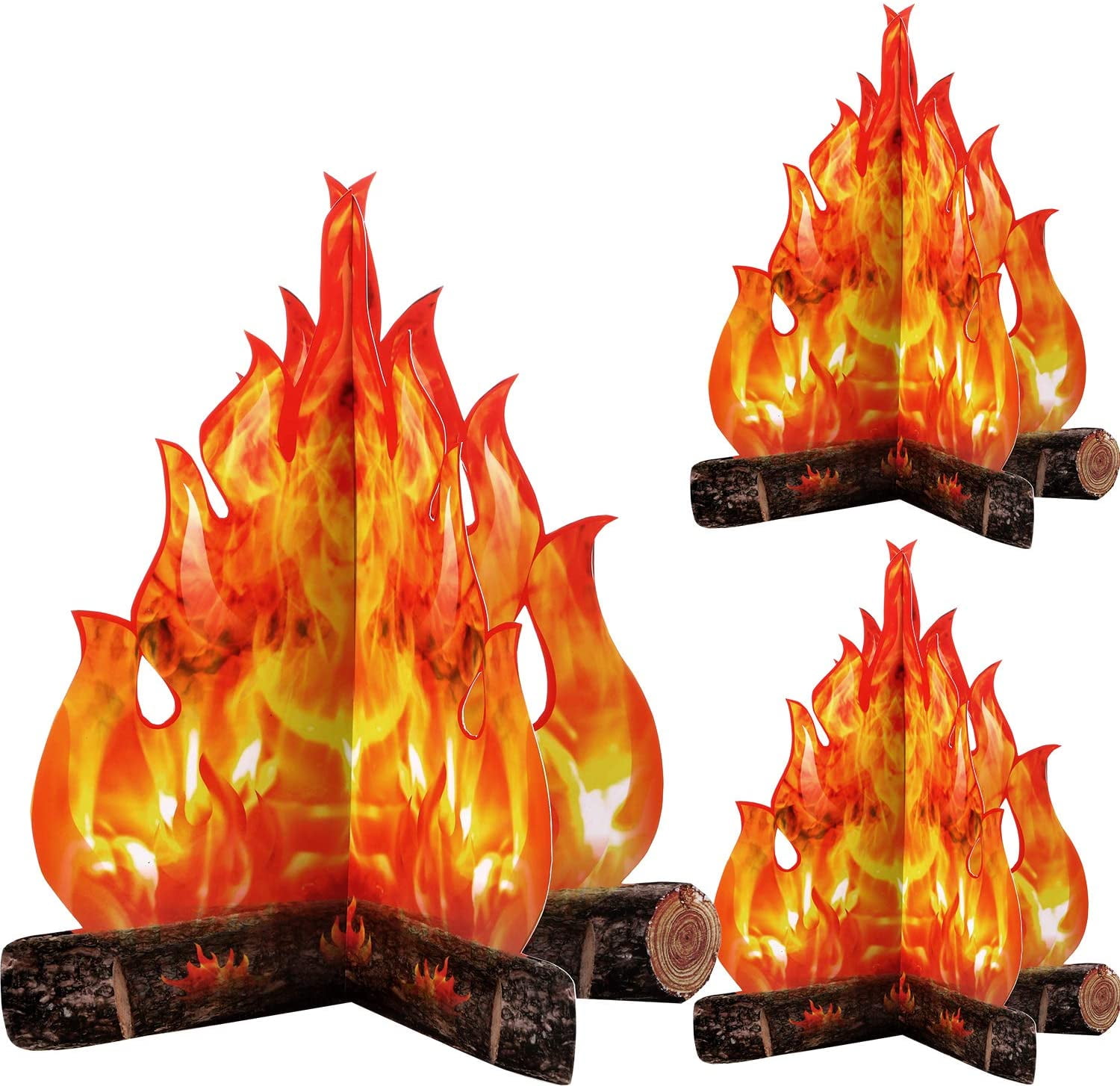 3D Decorative Cardboard Campfire Centerpiece Artificial Fire Fake Flame Paper Party Decorative Flame Torch Gold Orange, 2 Set