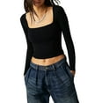 thumbnail image 1 of Fortune Women Square Neck Long Sleeve Top Basic Slim Fit T-Shirts Solid Crop Top, 1 of 6
