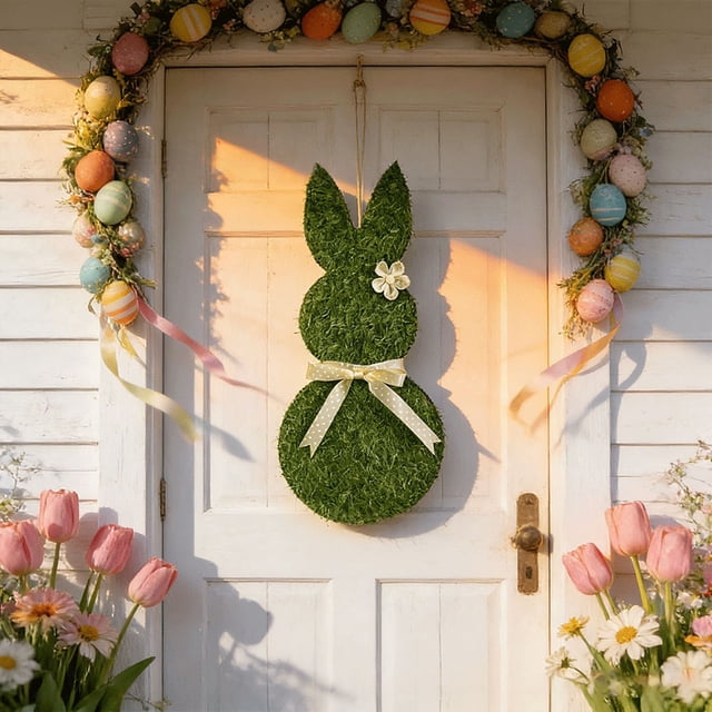 CY5O5ee 22inch Easter MossRabbit Wreath for Front Door Rabbit Shaped Hanging Sign Wooden Wreath with Burlap Bow for Spring Porch Wall Door Decor Indoor Outdoor Easter Decorations