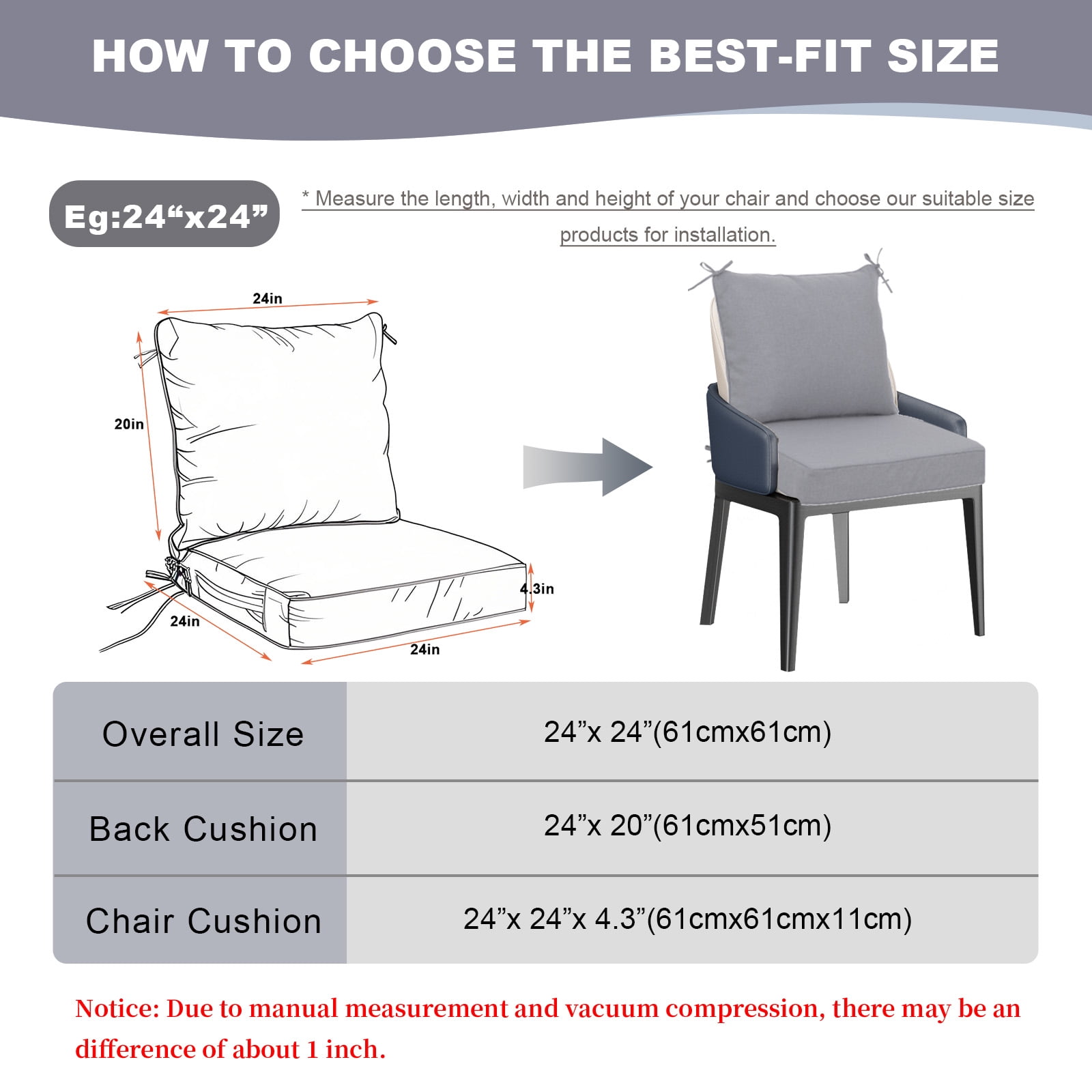 24 x 24 Inch Outdoor Deep Seat Cushion Set - Waterproof Fade-Resistant Patio Furniture Cushions with Removable Covers, Adjustable Straps & Handles for Chairs, Sofa, Couch (2-Piece)
