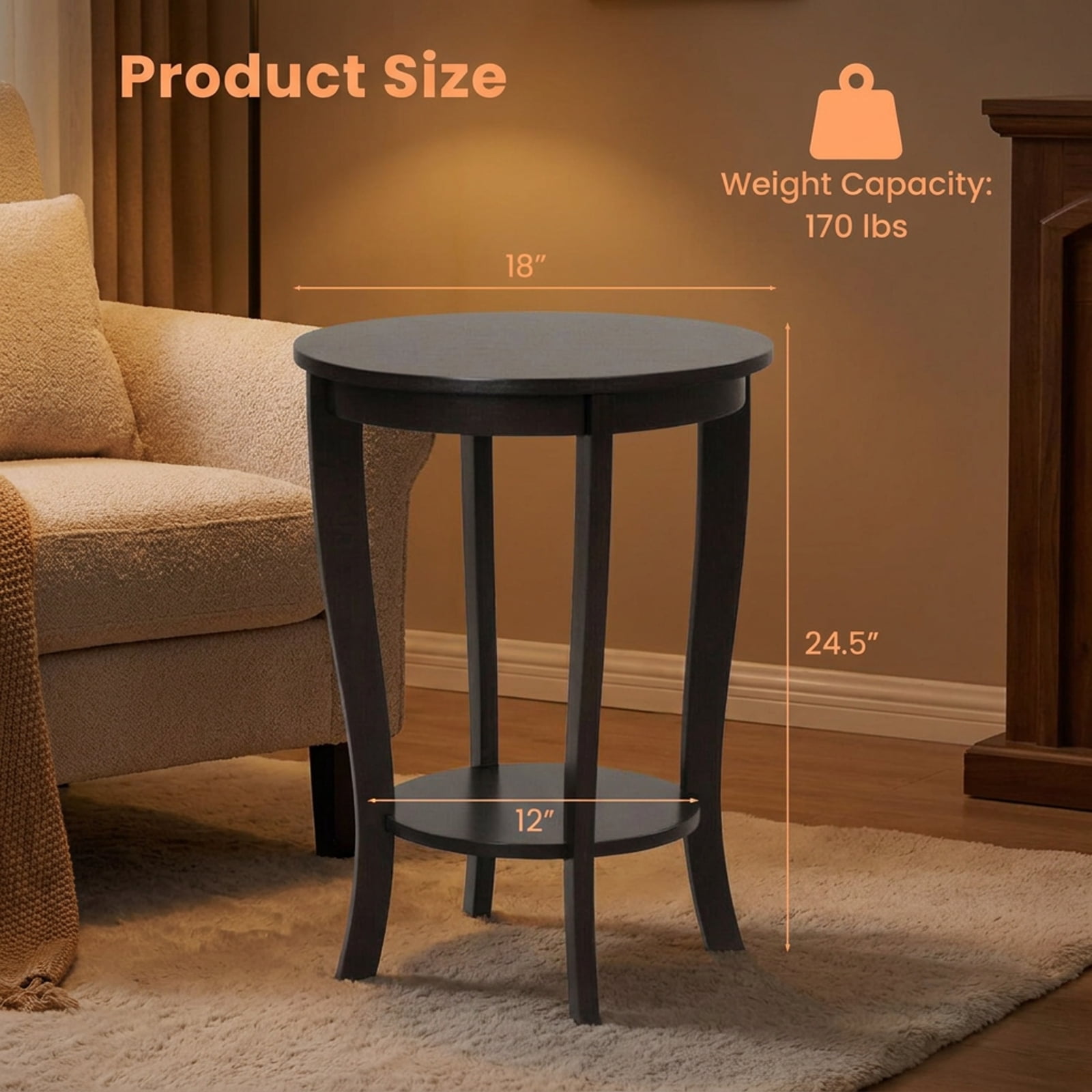 Furnibear 2-tier Round End Table with Solid Wood Legs for Living Room Bedroom Sofa Side Nightstand Small Spaces, Espresso