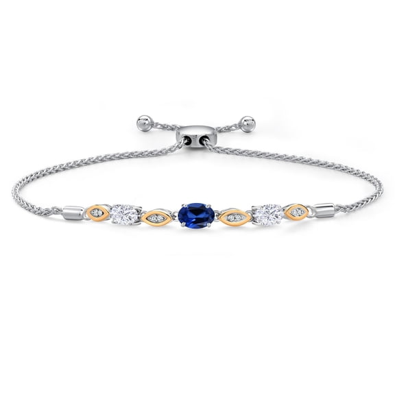925 Silver and 10K Yellow Gold Blue Created Sapphire and White Moissanite and Lab Grown Diamond Bracelet for Women | 2.06 Cttw | Gemstone September Birthstone | Oval 7X5MM | Fully Adjustable 9"