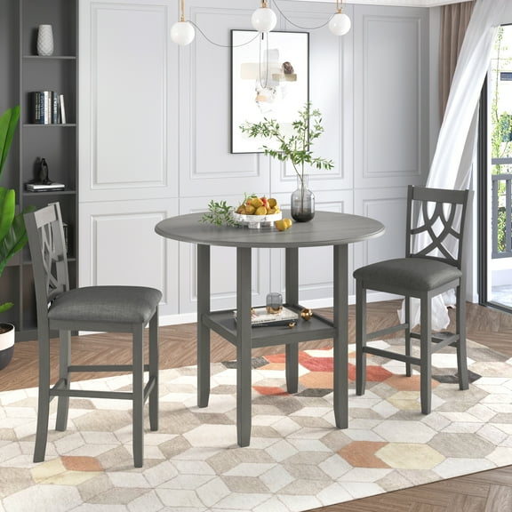 Drop Leaf Table and Chairs Set, 3-Piece Wooden Counter Height Dining Set with 2 Chairs, Kitchen Breakfast Table Set for Small Places, Gray, D8313