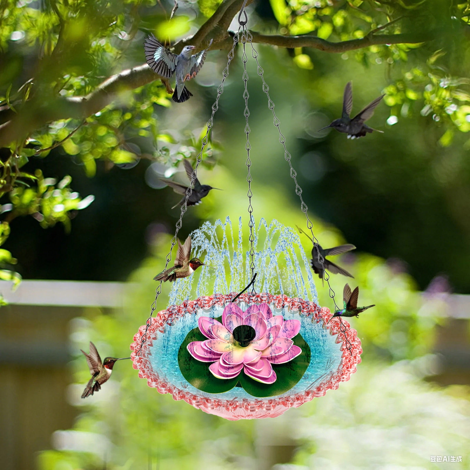 Hanging Bird Bath for Outdoors – Solar Powered Fountain Birdbath with Bubbler Pump, Decorative Metal Bowl for Hummingbirds, Garden, Patio – Lotus Design Water Feature