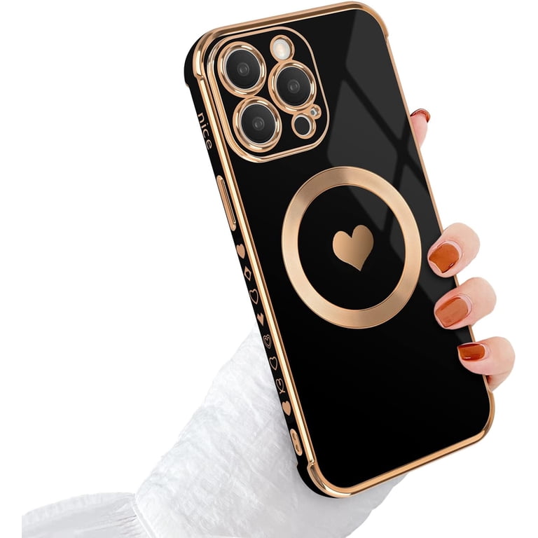 Pnakqil per Magnetica Cover per iPhone 14 Pro Max con Cordino, Compatibile con MagSafe, Ultra Sottile Cuore Silicone Custodia con Laccio Tracolla, Elettrolitico TPU Case con Collana, Rosa Oro