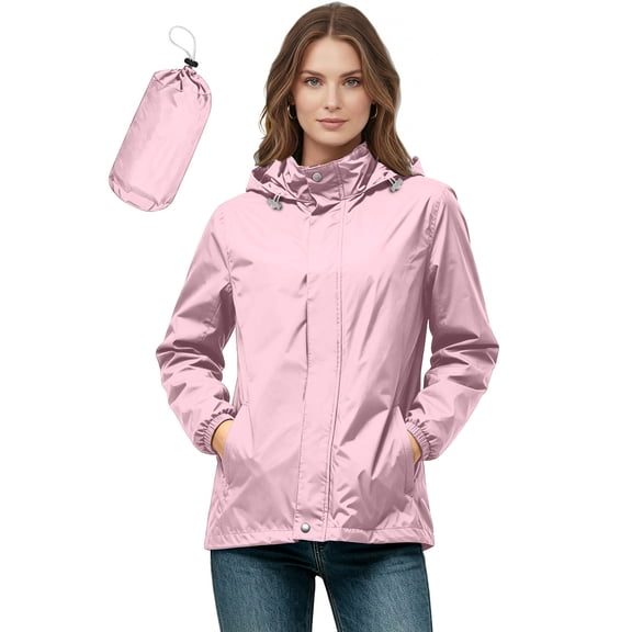 Enjoytime Rain Jacket Women Waterproof Lightweight Hooded Plus Size Raincoat Packable Outdoor Hooded Windbreaker