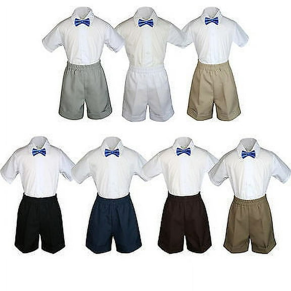 3pc Set Boy Toddler Formal Party Royal Blue BowTie White Black Khaki Shorts S-4T