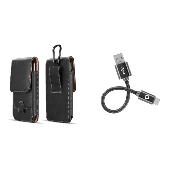 Luxmo Vertical Belt Holster Carrying Case with Card Slots (Black) for Motorola Moto G7, Moto G7 Plus with Mini-Short USB Type-C Charger Cable (4 inches) and Atom Cloth