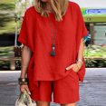 thumbnail image 2 of REORIAFEE Women's Outfits Lounge Sets Lounge Set Women Casual Summer Round Neck Short Sleeve Tops Shorts Two Pieces Set Suit Red S, 2 of 6