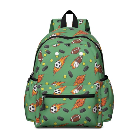 Football and Hockeyball Green Pattern Cute School Backpack with Padded Back and Adjustable Shoulder Straps 13.4"x11"x4.7"