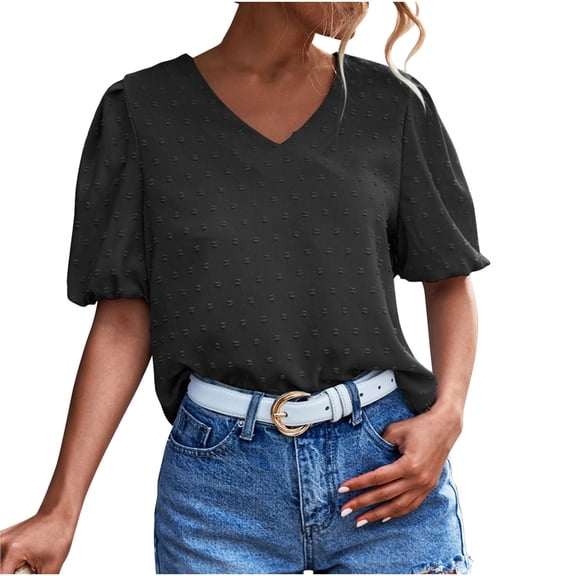 JGGSPWM Women's Summer Chiffon Dressy Tops Puff Short Sleeve V-Neck Polka Dot Tunic Shirts for Leggings Black M