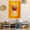thumbnail image 2 of Halloween Tapestry, Spooky Smiling Pumpkin Symbol with White Calligraphy Print, Wall Hanging for Bedroom Living Room Dorm Decor, 40W X 60L Inches, Orange Scarlet and Lime Green, by Ambesonne, 2 of 5