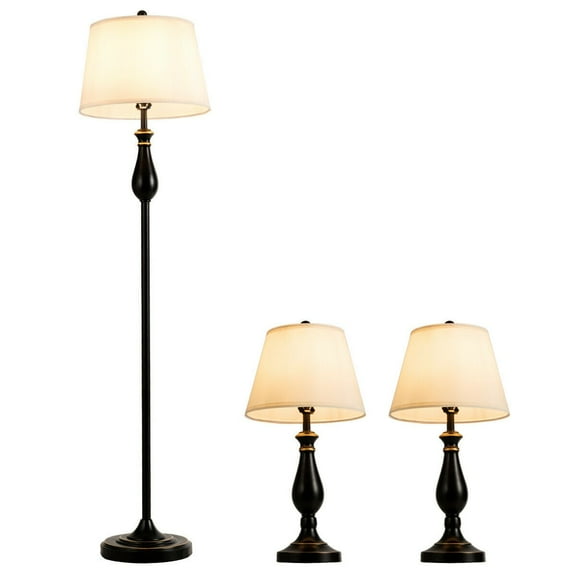 3-Piece Lamp Set, 2 Table Lamps & 1 Floor Lamp with Fabric Shades, Matt Black Metal Base, Vintage Home Lighting for Bedroom, Living Room, Office, 60W Max Bulb