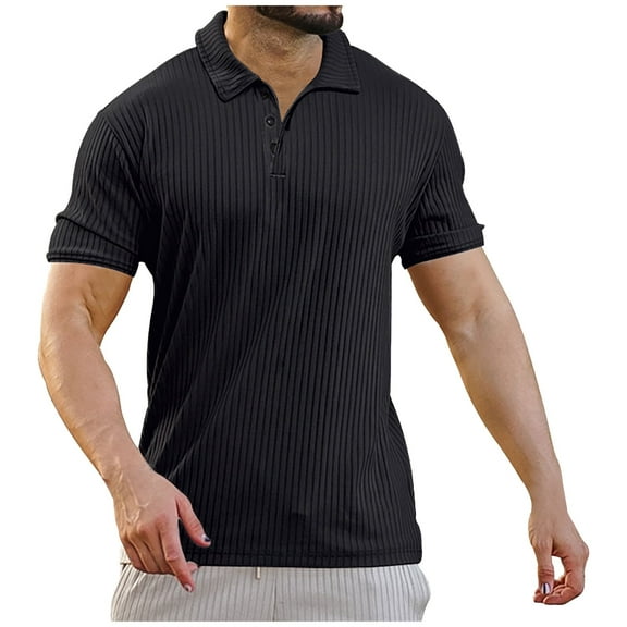 WREESH Men's V-Neck Rib Knit Henley Solid Color Short Sleeve Casual T-Shirt with Button Detail Black