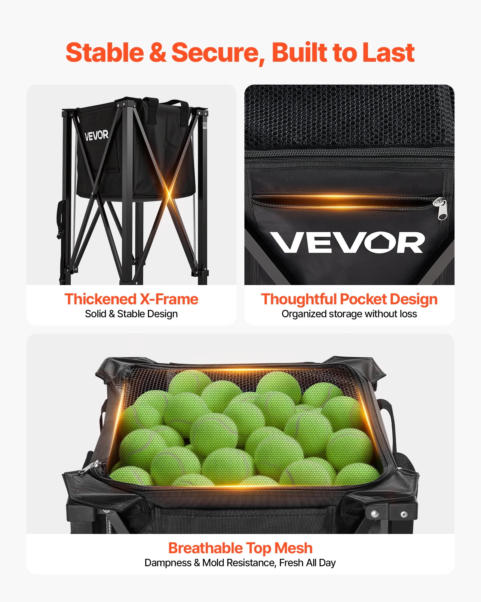 VEVOR Tennis Ball Hopper, Holds 150 Tennis Balls, Foldable Pickleball Basket Cart with Wheels for Easy Pick Up, Lightweight Aluminum Alloy, Portable Pickleball Caddy with Storage Bag, for Training