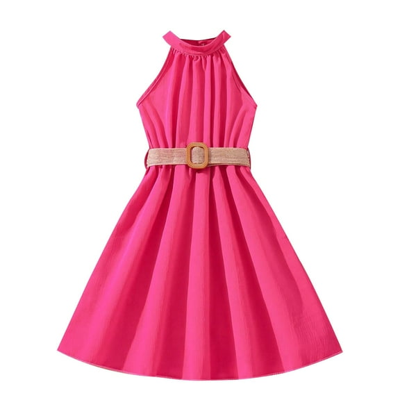 Favoffer Summer Girls Solid Color Off-Shoulder Dress Ruffle Belted Fit & Flare Sundress Casual Party Travel Photoshoot 6-13Y
