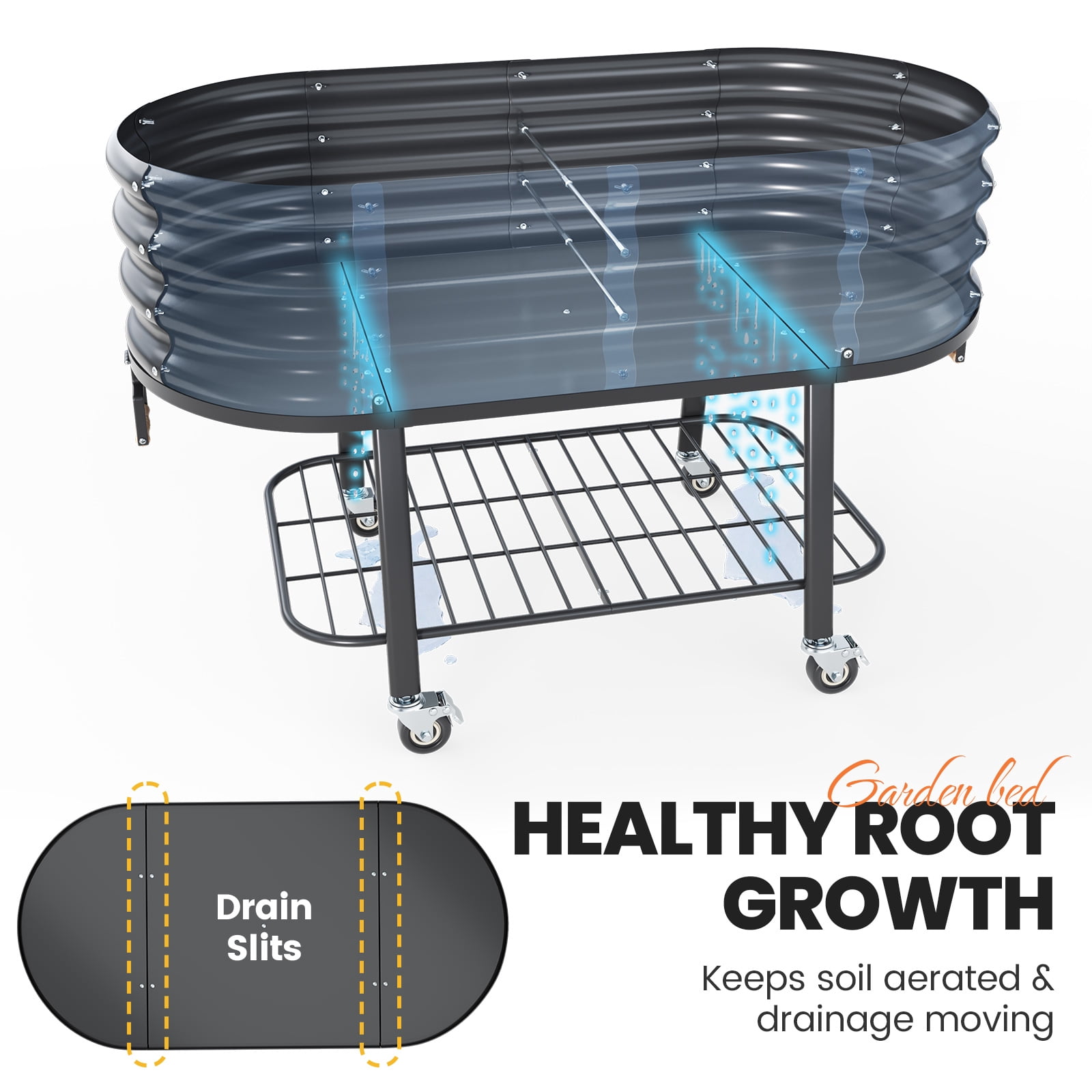 King Bird Galvanized Steel Metal Raised Garden Bed Kit with Storage Shelf & Wheels 47"x23"x30" Metal Planter Box, Elevated Garden Bed  Outdoor for Vegetables Flowers Dark Gray