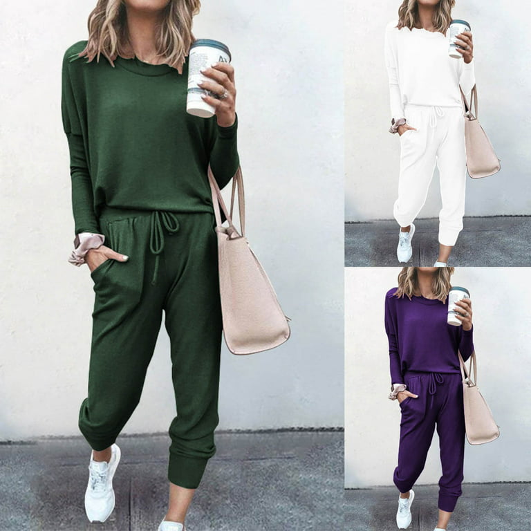 YWDJ Two Piece Outfits for Women Summer Pants Set Loose Two-piece Sets  Solid Long Sleeve Tops Vest Casual Pants Sweatsuit White XL 