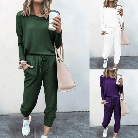 Wiyuqeen Women’s Plain Two Piece Outfits Long Sleeve Pullover Tops and Drawstring Waist Long Pants Sweatsuits Loose Fit Jogger Sets with Pockets