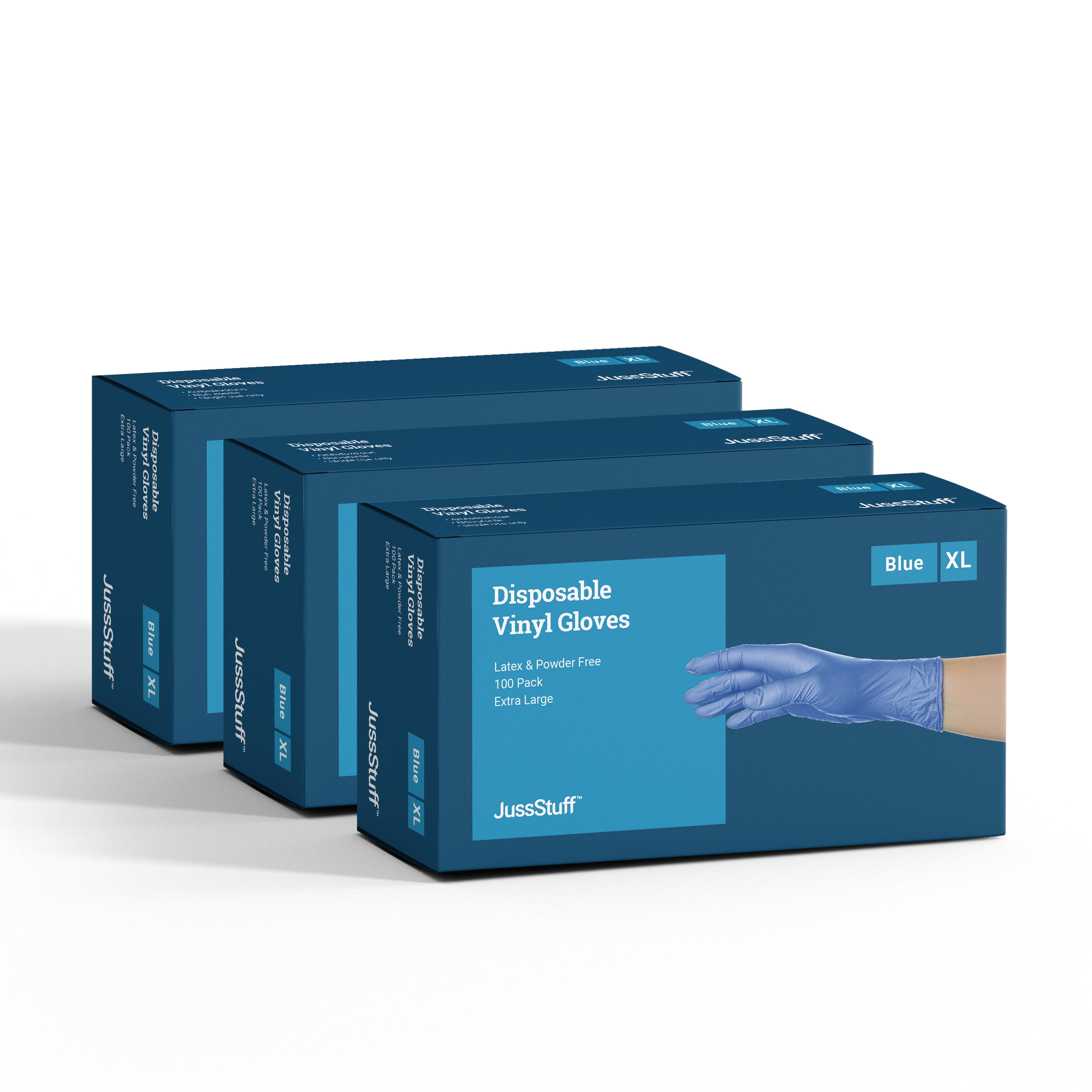 JussStuff Vinyl Gloves, Multifunction, Kitchen Gloves, All-Purpose Latex Free, Powder Free - Blue - 3 Boxes of 100 Gloves (300 Total) - XL