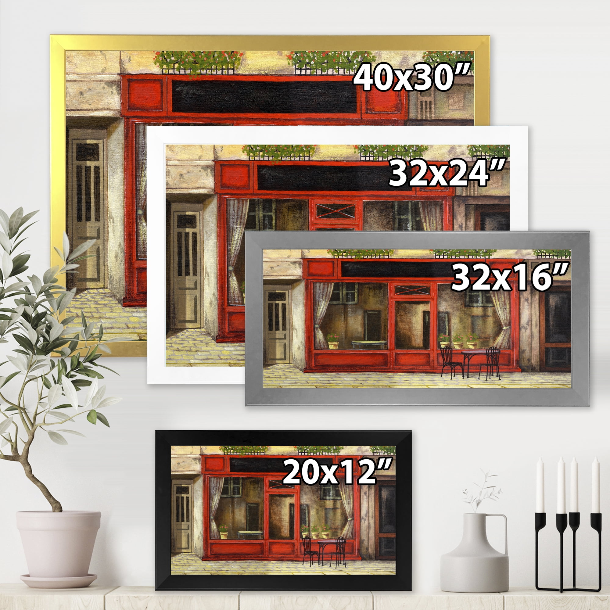 Red Facade of Charming Shop In Paris Street I 40 in x 30 in Framed Painting Canvas Art Print, by Designart