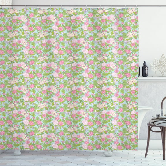 Floral Shower Curtain, Spring Flourish Blooms Rose Buds Botanical Beauty Branches Image, Fabric Bathroom Set with Hooks, 69W X 75L Inches Long, Pistachio Green Pink Lilac, by Ambesonne