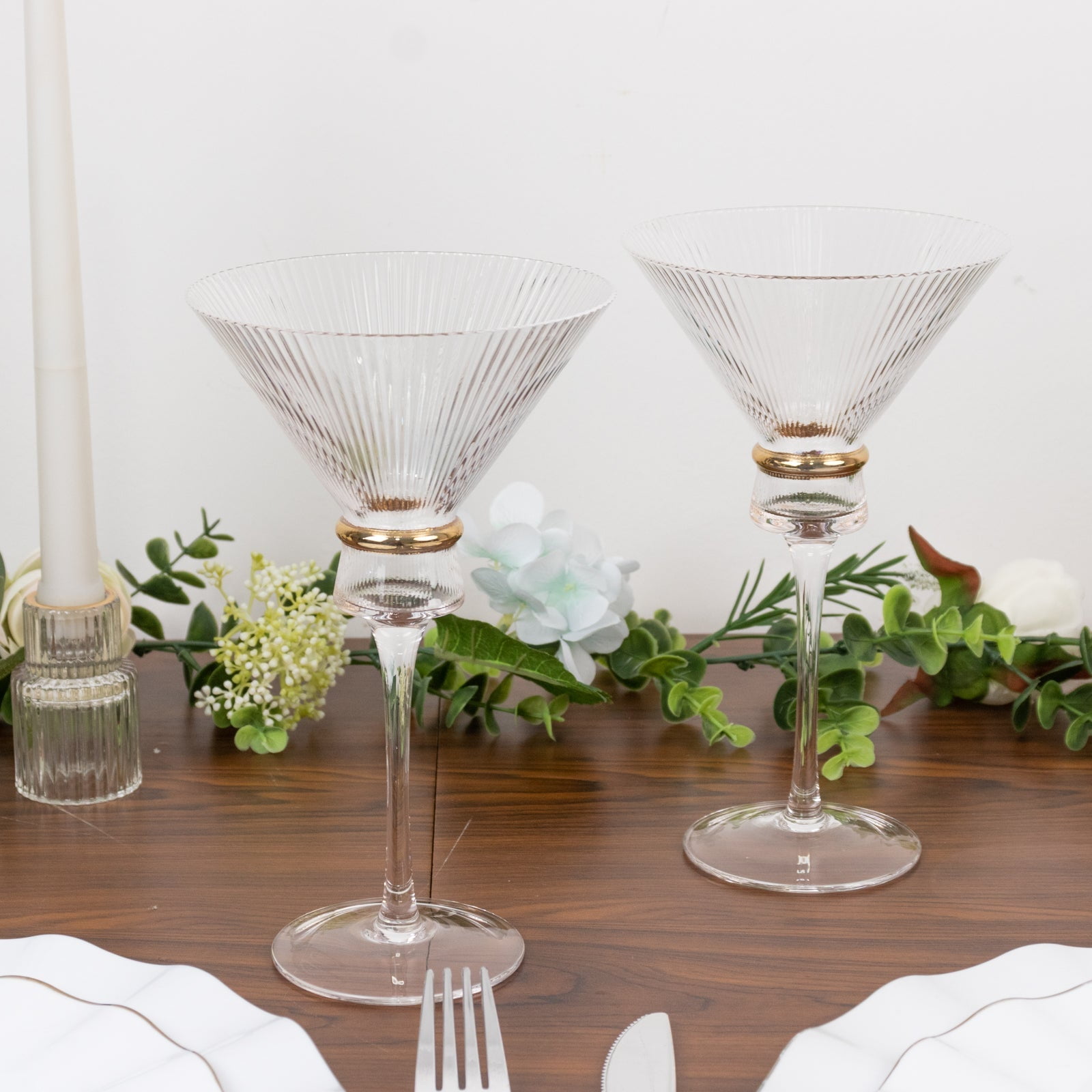 Efavormart 6-Pack Martini Glasses – 10oz Real Glass, Clear Ribbed Design with Gold Ring Accent, Elegant Cocktail Glasses for Martinis & Cosmopolitans – 8" Tall
