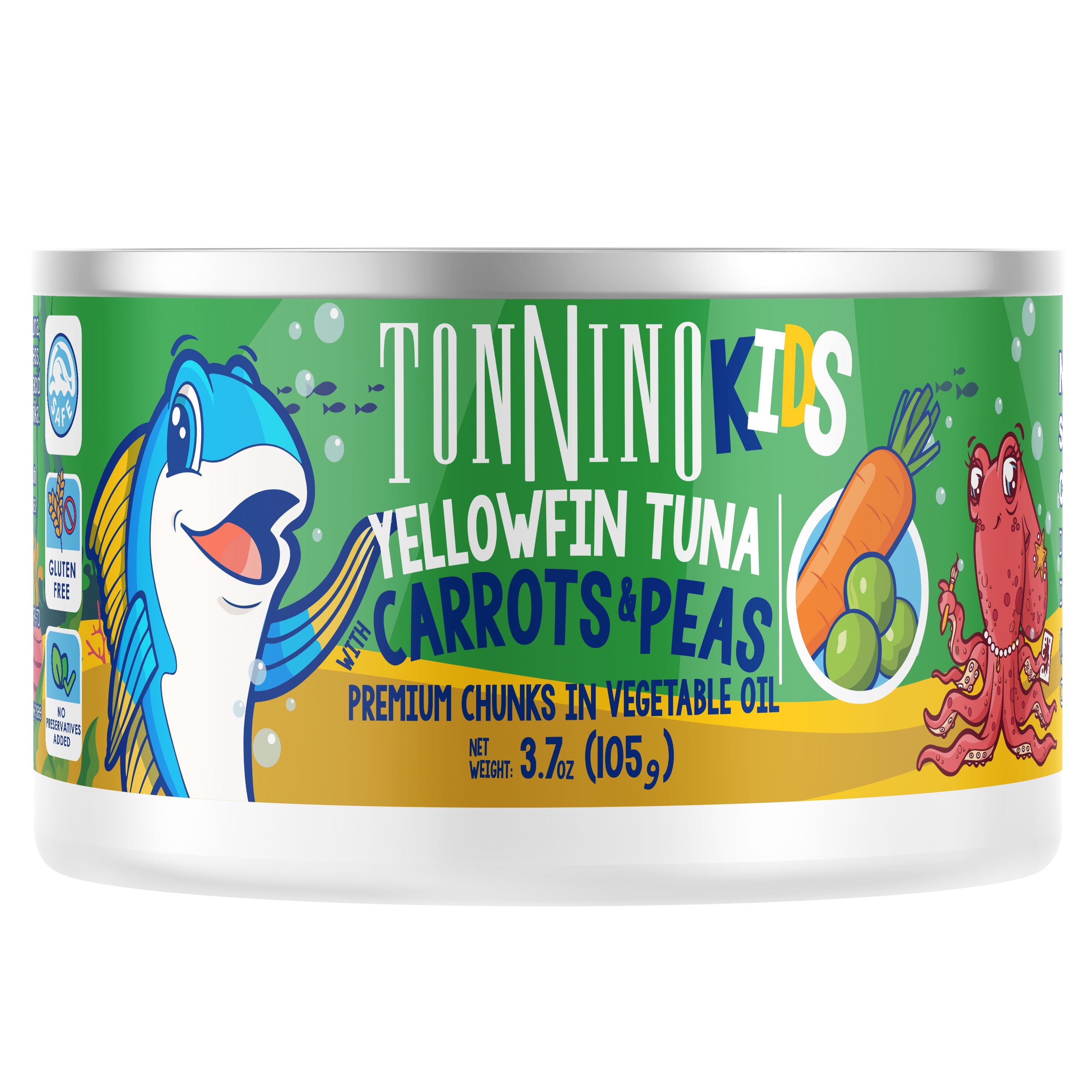 (8 pack) Tonnino Premium Yellowfin Tuna chunks with carrots and peas in vegetable oil, 3.7 oz, Can, Wild Caught