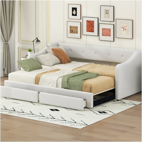 JERFIT Twin XL to King Size Upholstered Daybed with Two Drawers Beige