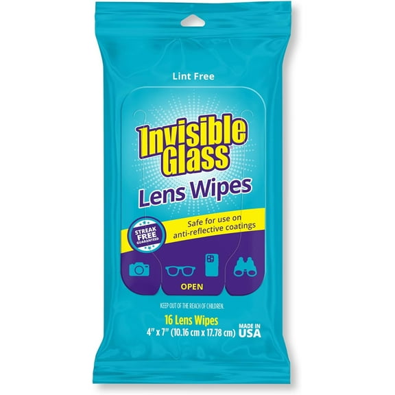 Invisible Glass 90060 Lens Cleaning Wipes – Streak-Free, Lint-Free Wipes for Glasses, Camera Lenses, Binoculars & Smartphone Cameras, Safe on Reflective Coatings – 16 Count