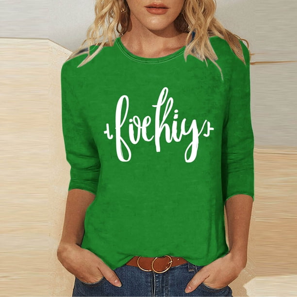 TaTaai Women's Casual Green Print Blouse Round Neck 3/4 Sleeve St. Patrick's Day T-Shirt Loose Fit Irish Holiday Spring Wear Gift