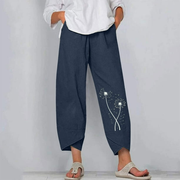 LEEy-World Sweat Pants for Womens Women's High Elastic Waist Plaid Print Pants  Straight Leg Stretch Pants Trousers Navy,M 