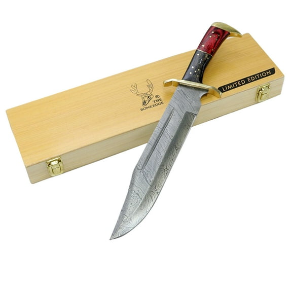 TheBoneEdge 16.5" Damascus Blade Wood Handle Hunting Knives with Leather Sheath