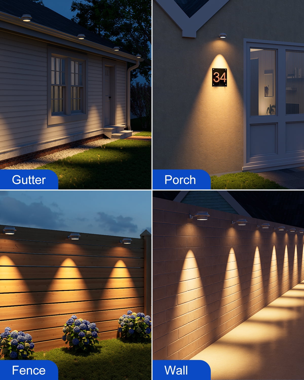 Yinghao 8 Pack White Solar Gutter Lights Outdoor Waterproof LED Fence Lamp for Lighting Rainspout, Railing, Outside House, Wall, Deck, Porch, Garage, Easy Peasy Installation(Warm White)