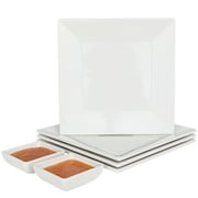 [4 Pack] 10" x 10" White Square Melamine Plates, Unbreakable Elegant Dinnerware Set With Sauce Dish