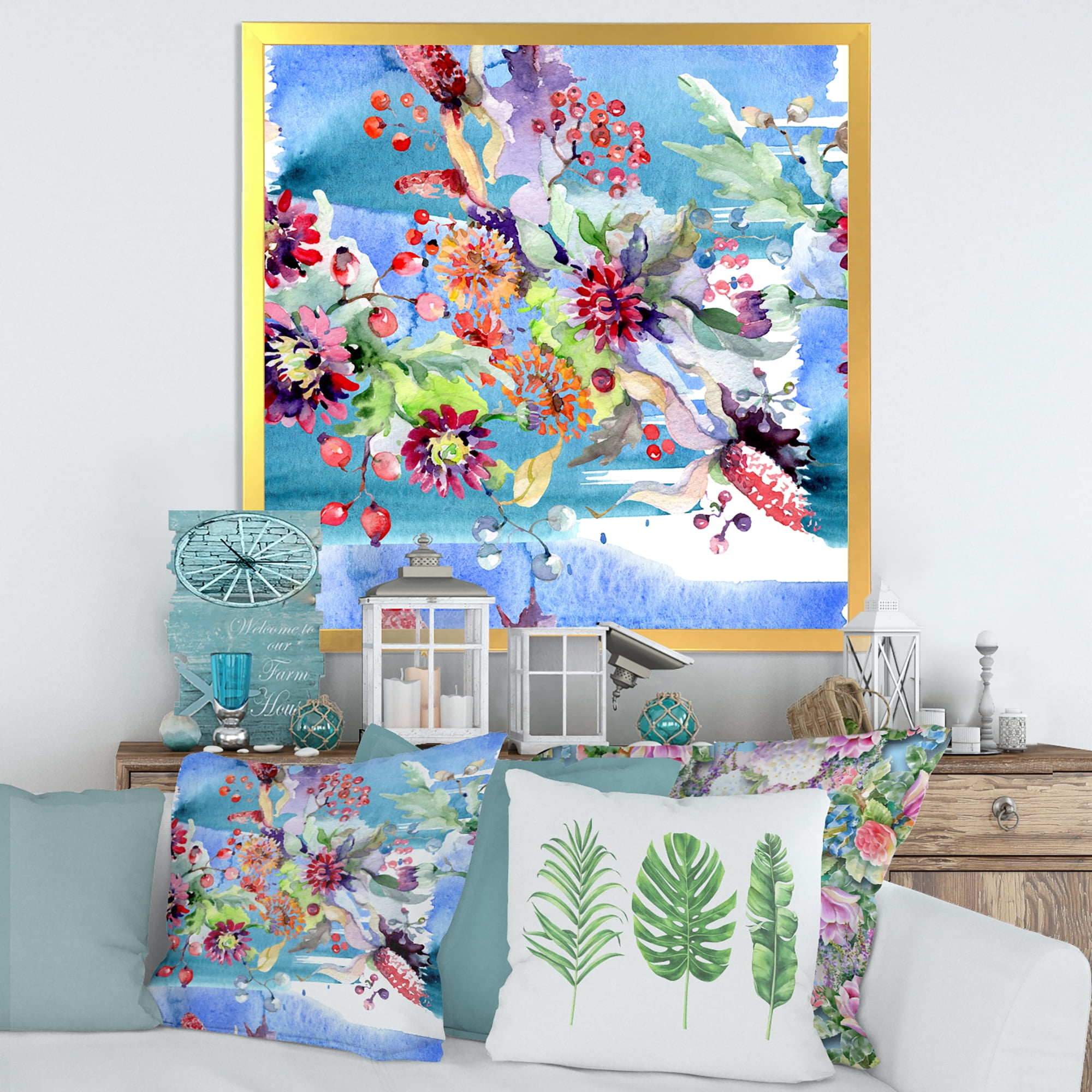 Wildflowers and Vibrant Wild Spring Leaves XIII 16 in x 16 in Framed Painting Canvas Art Print, by Designart